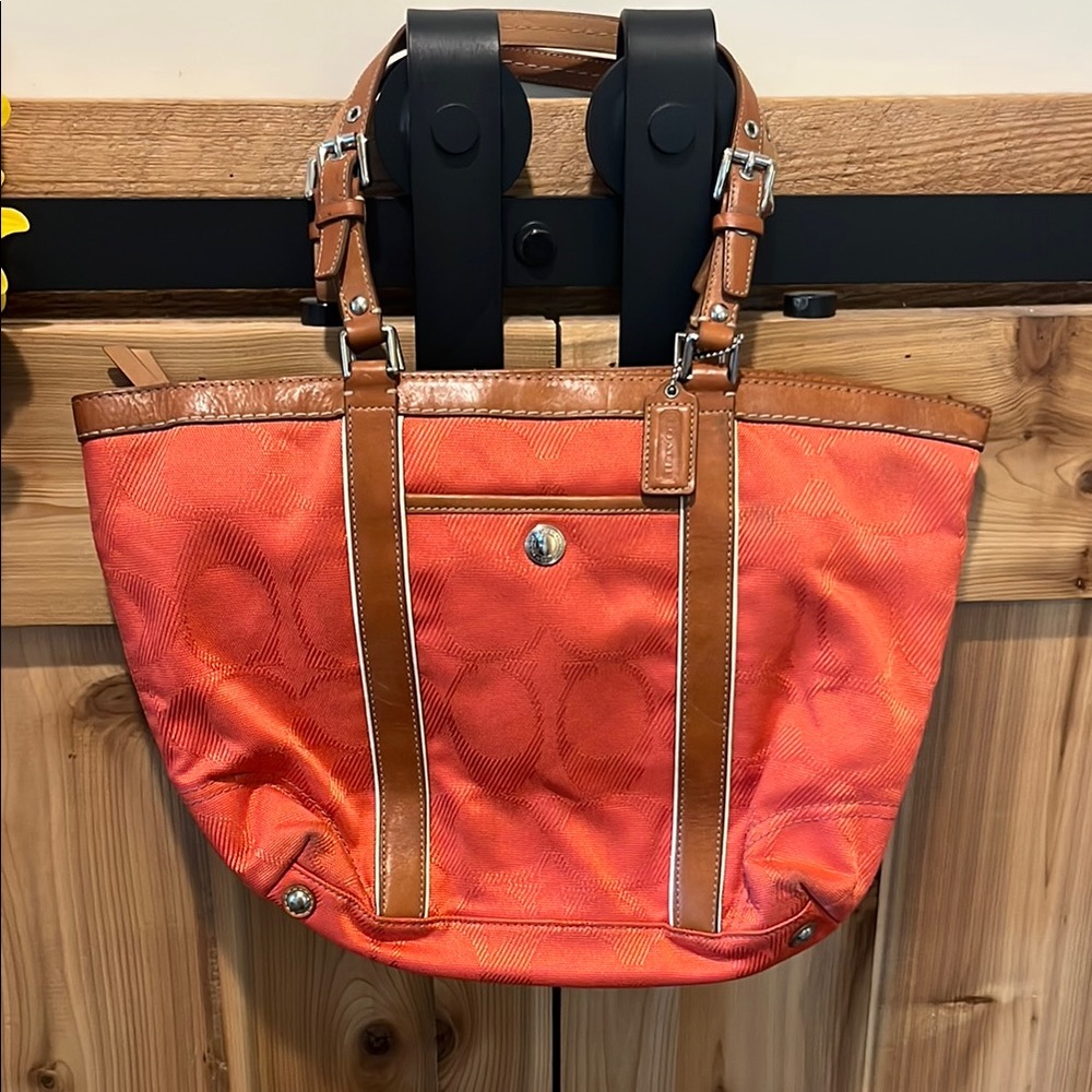 Coach Coral Canvas Tote with Brown Leather Trim 10” Deep & 17” Length